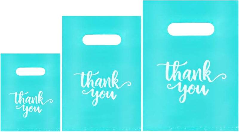 Heran 200PCS Thank You Bags for Business Small, Turquoise Sales Bag for Small Business Clothes Boutique Gift, 3 Sizes Plastic Retail Grocery Shopping Bags, Reusable Goodie Bag Bulk for Store Party Purchase - Image 1